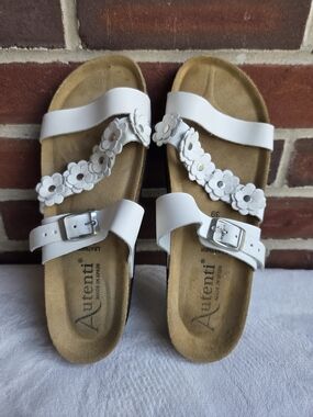 Autenti White Floral Leather Footbed Slide Sandals EU 39 US 8.5 Comfort
